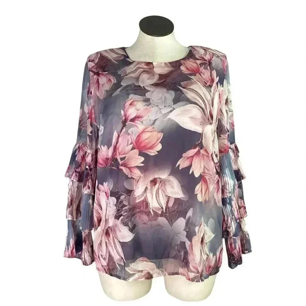 Kate & Mallory Top Womens XL Gray Pink Floral Long Sleeve Tiered Pleated Cuff